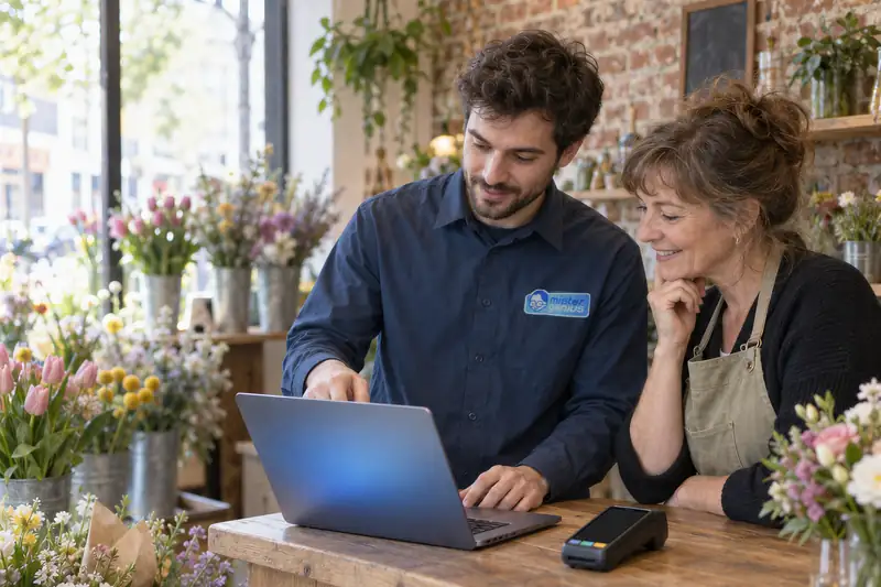 Mister Genius technician helping self-employed florist with her computer