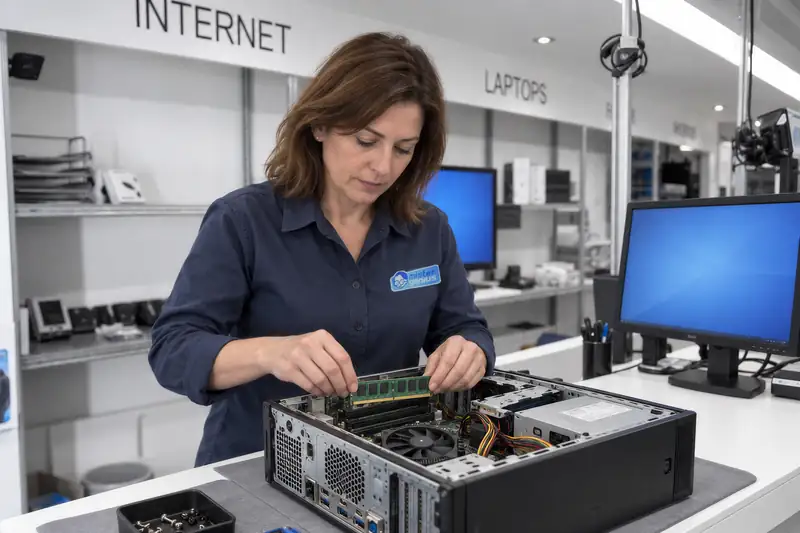 Technician replacing memory in PC at Mister Genius workbench, Uccle