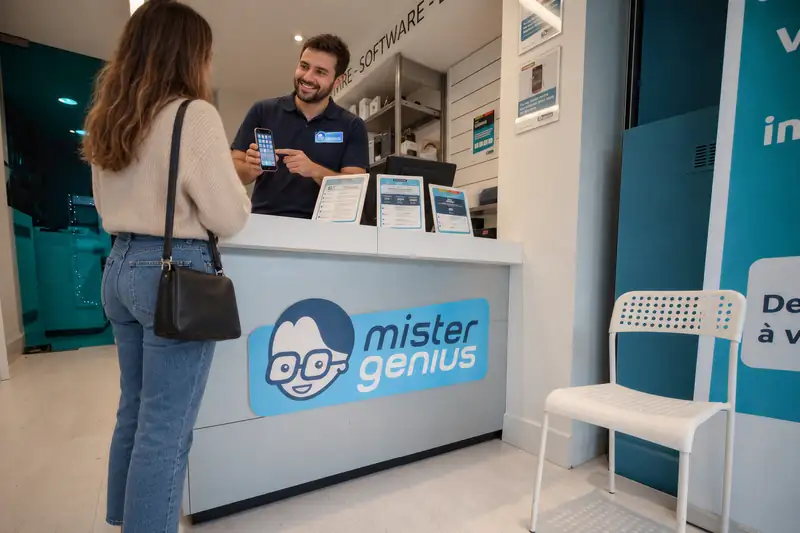 Mister Genius technician showing smartphone to customer at Waterloo counter