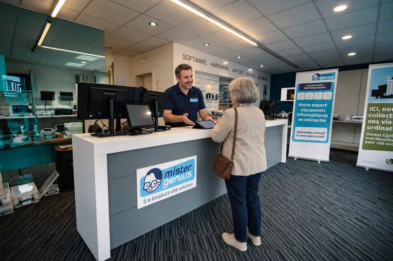 Mister Genius technician advising customer at Stockel counter