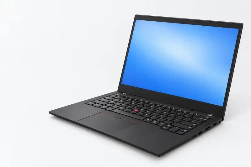 Refurbished Lenovo ThinkPad T14s open, three-quarter view, light background