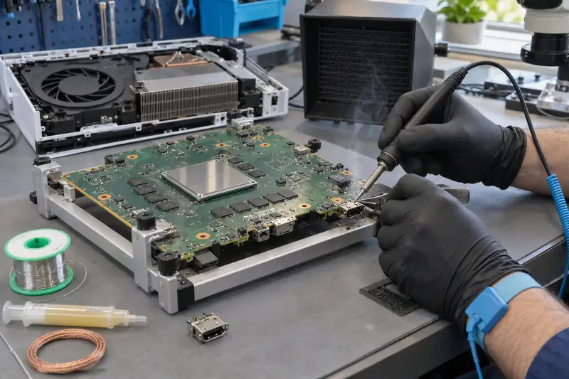 Open spelconsole, HDMI-poort reparatie in atelier Mister Genius