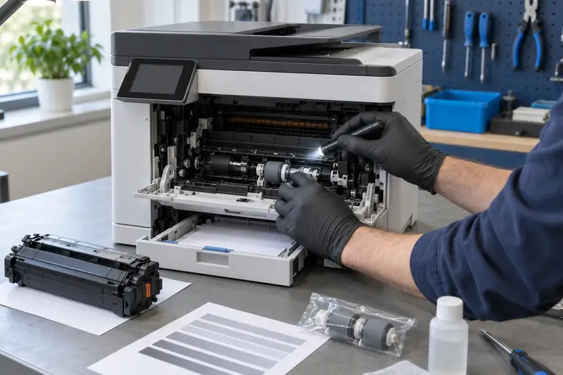 Diagnose van open kantoorprinter in atelier Mister Genius