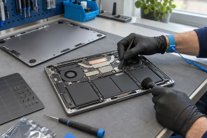 MacBook retourné, capot ouvert, en réparation dans l'atelier Mister Genius