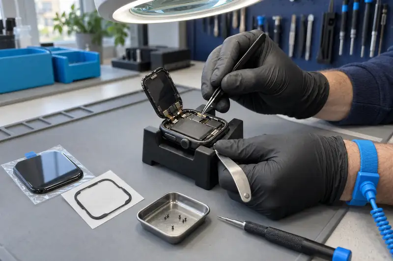 Open smartwatch onder vergrootglas in atelier Mister Genius