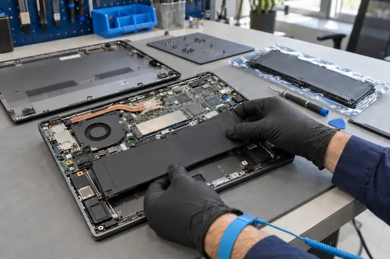 Open laptop in reparatie in atelier Mister Genius