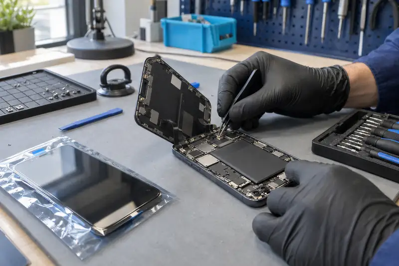Open smartphone on antistat mat with precision tools at Mister Genius workshop