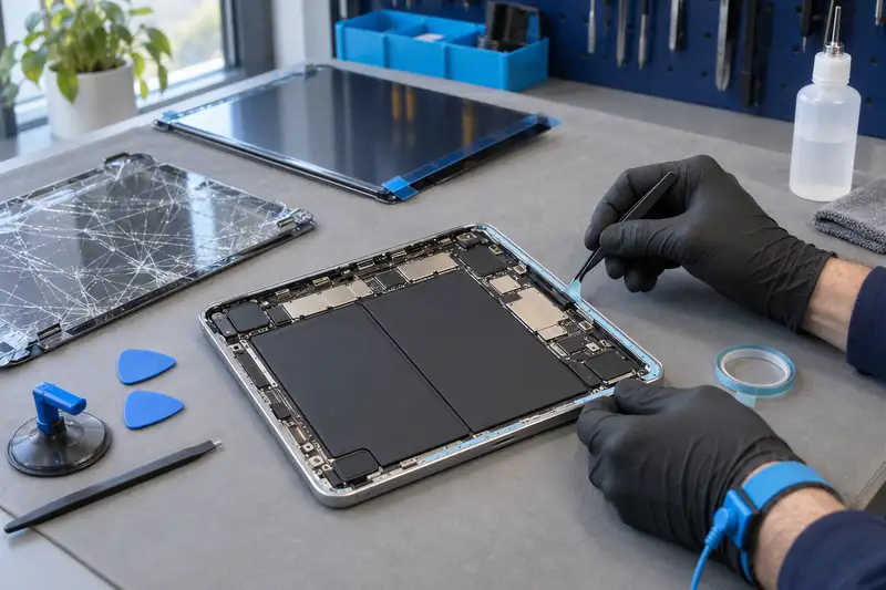 Tablette ouverte en remplacement de vitre dans l'atelier Mister Genius