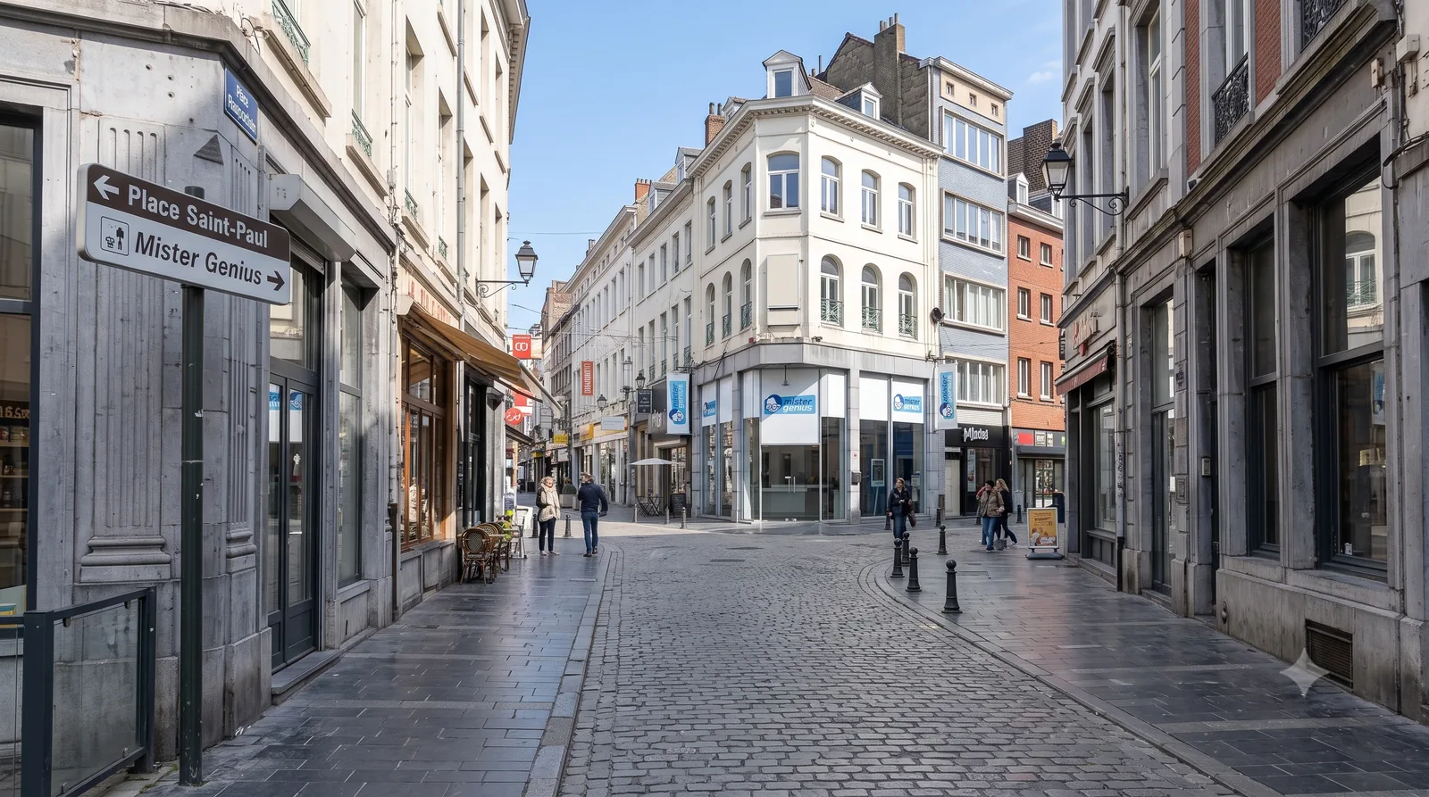 Rue piétonne menant à la place Saint-Paul, signalétique du quartier indiquant le magasin